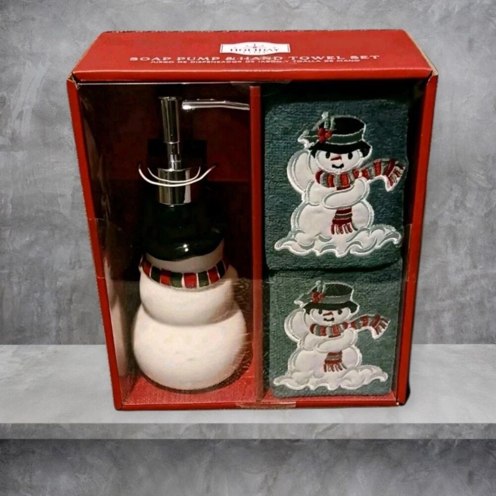 HOLIDAY TIME Snowman Soap Pump & 2 Embroidered Hand Towels Set Christmas Decor